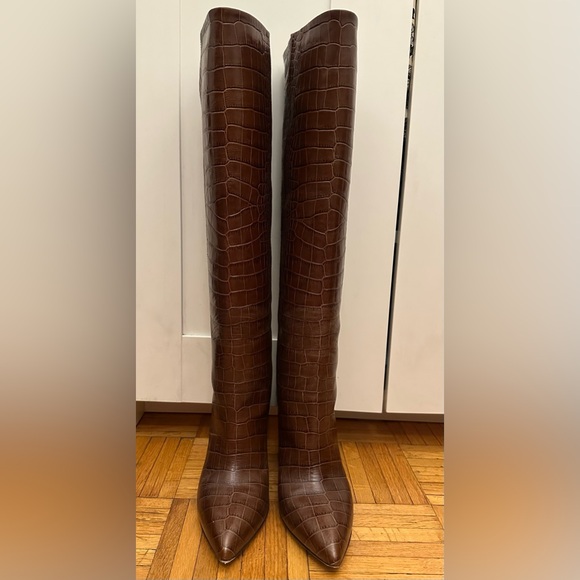 Paris Texas Anja knee-high boot pointed toe chunky heel brown croc leather 39 9 - Picture 5 of 16